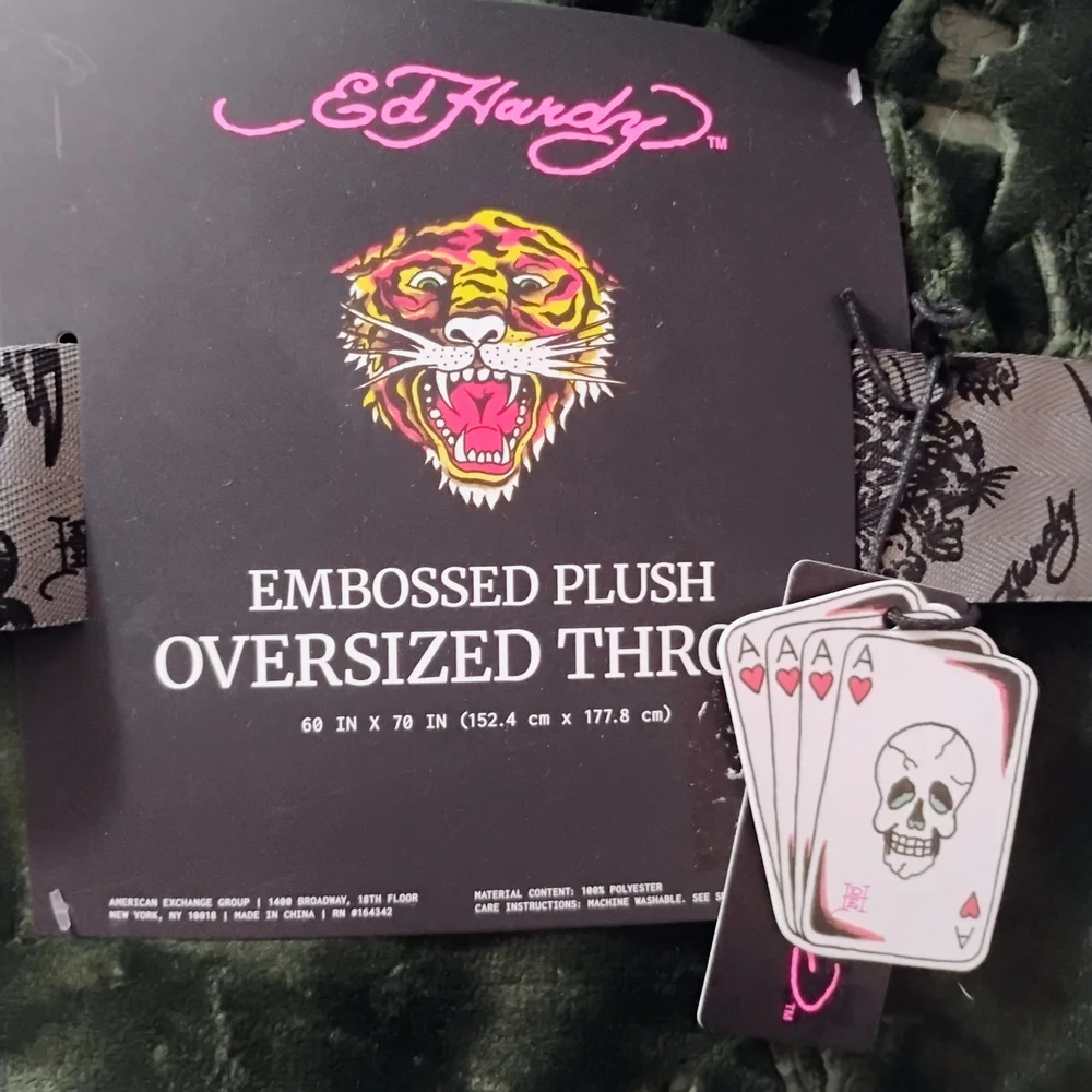 Ed Hardy Dark Green Embossed Plush Oversized Throw